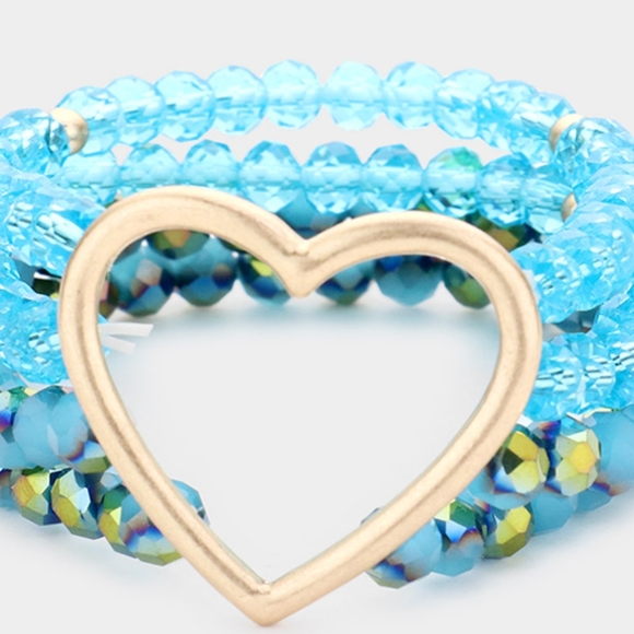 Blue Beads Stretch MultiLayered Heart Gold Bracelet Fashion Statement Jewelry - Picture 2 of 2